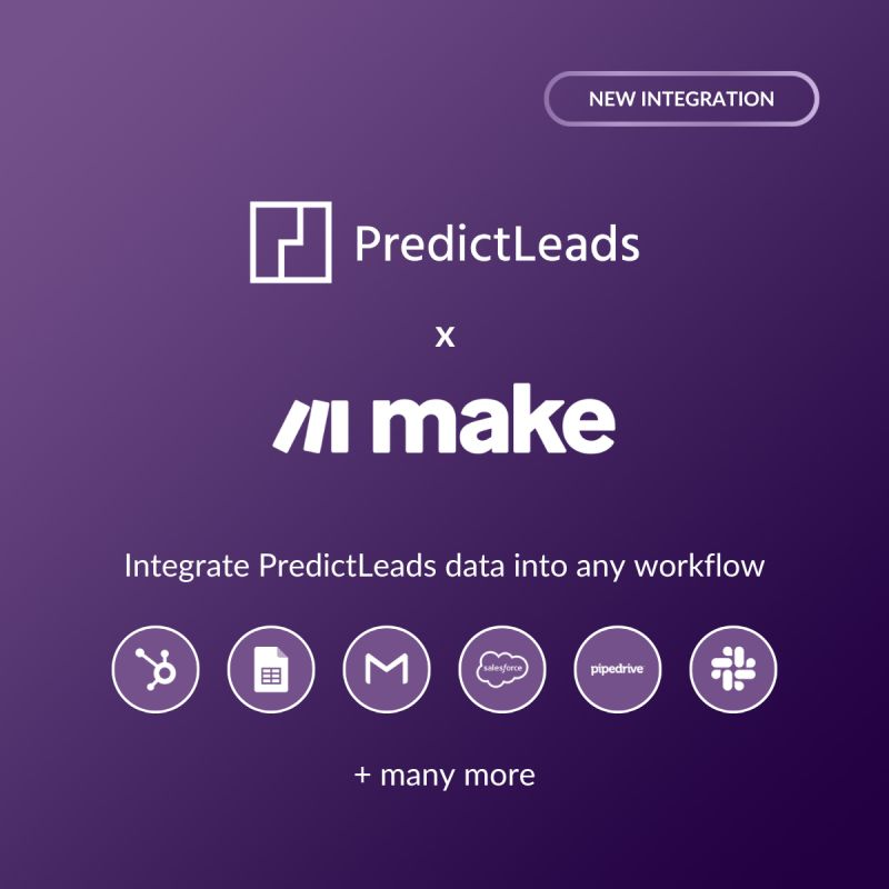 PredictLeads Make integration for automating company data workflows across HubSpot Google Sheets Salesforce Slack and other GTM tools.