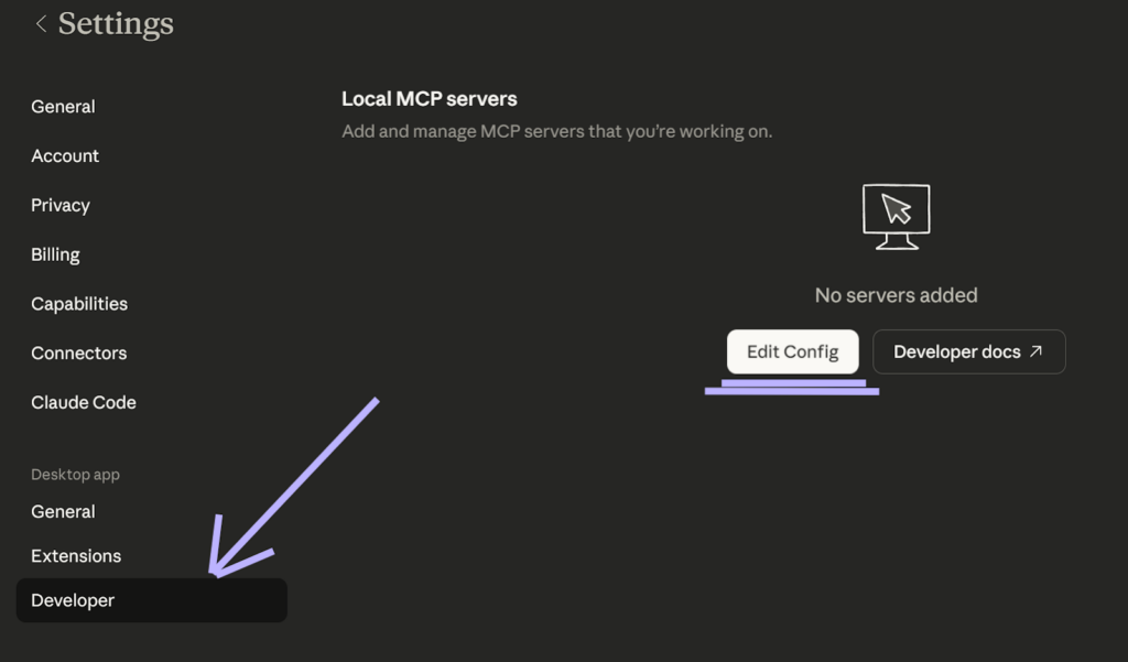 Claude Desktop Developer settings page showing Local MCP servers section with the "Edit Config" option highlighted.