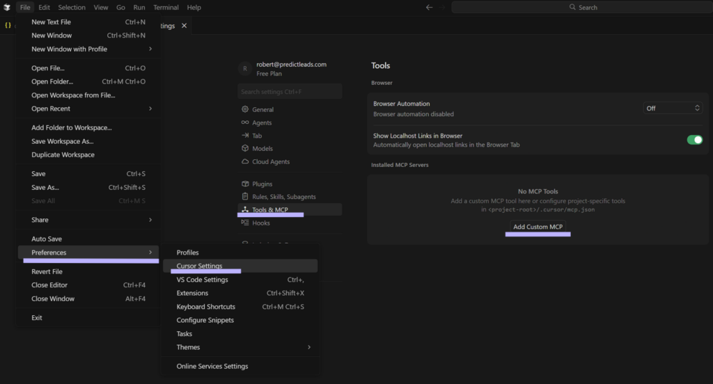 Cursor editor settings showing Tools & MCP section with the option to add a custom MCP server.