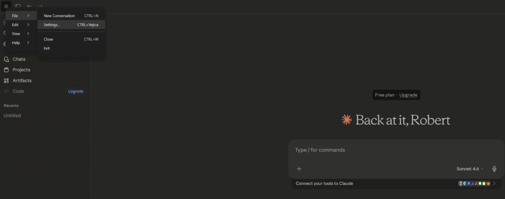 Claude Desktop interface showing the Settings menu used to access configuration for MCP servers.