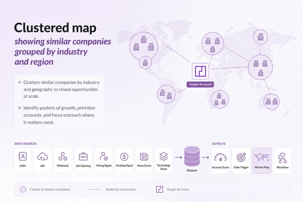 Clustered companies by industry and region using PredictLeads Similar Companies Dataset