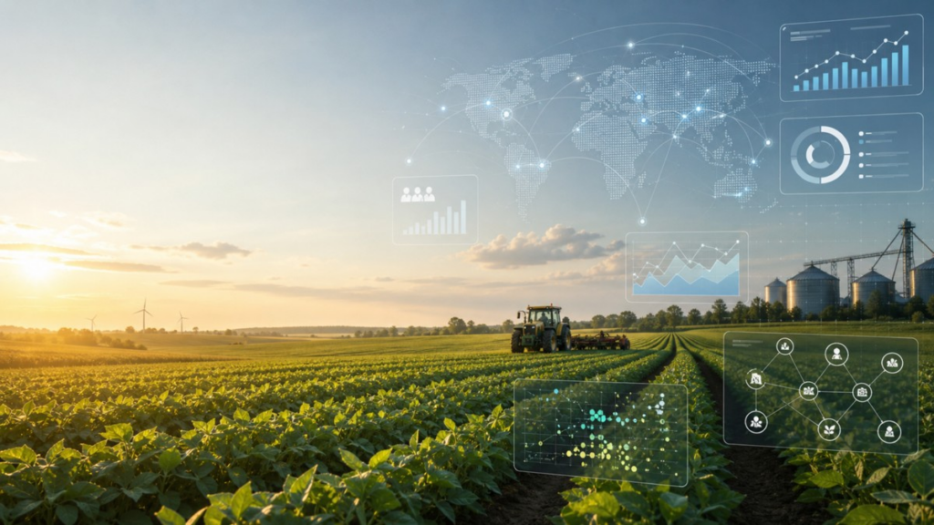 Agricultural field with modern farm equipment and subtle data overlays representing agtech hiring trends, news events, technology signals, and market intelligence.