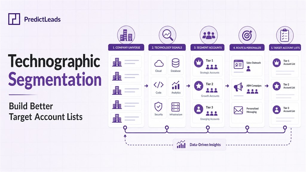 Technographic segmentation for B2B target account lists showing technology signals, account tiers, and GTM workflows