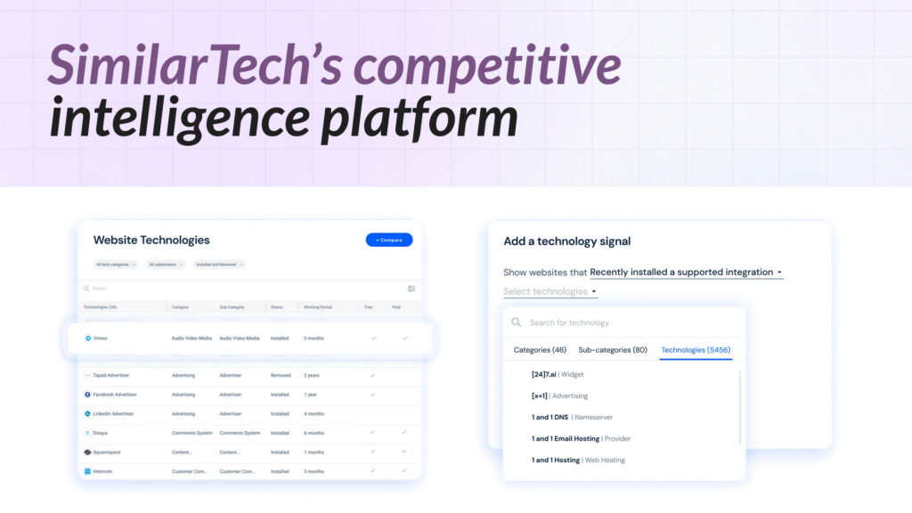 SimilarTech Alternatives article image showing SimilarTech’s competitive intelligence platform with website technology tables and technology signal filters.