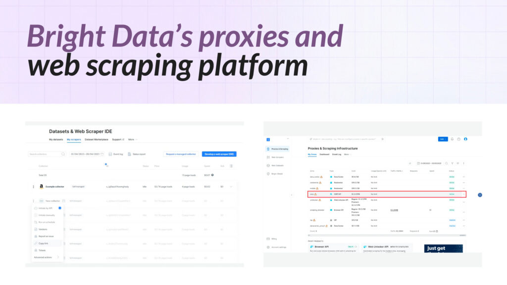 Bright Data alternatives article image showing Bright Data’s proxies and web scraping platform with dataset and scraping infrastructure dashboards.
