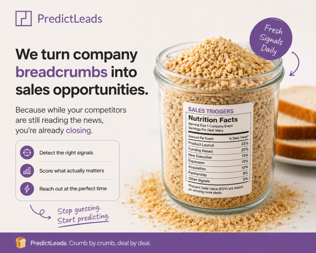 Marketing illustration by PredictLeads showing a jar filled with breadcrumbs labeled 