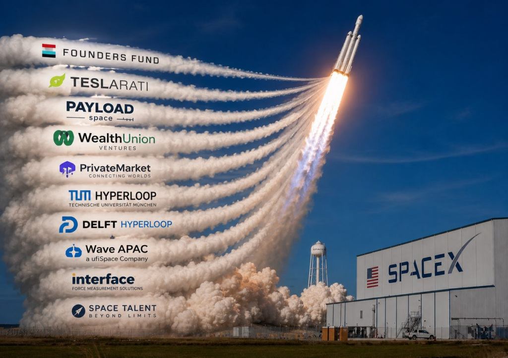 Illustration of a SpaceX rocket launch with ten company logos visually trailing behind the rocket's flight path, including Founders Fund, Teslarati, Payload Space, WealthUnion Ventures, PrivateMarket, TUM Hyperloop, Delft Hyperloop, Wave APAC, Interface, and Space Talent. The image represents different types of companies that publicly associate themselves with SpaceX, including investors, media companies, suppliers, telecom providers, and engineering organizations.