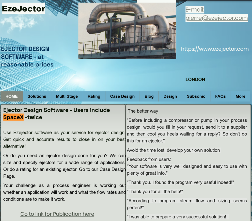 Screenshot of the Ezejector website promoting ejector design software. The page includes a highlighted reference to SpaceX within a section describing software users and engineering applications, alongside product information, navigation links, and industrial equipment imagery.