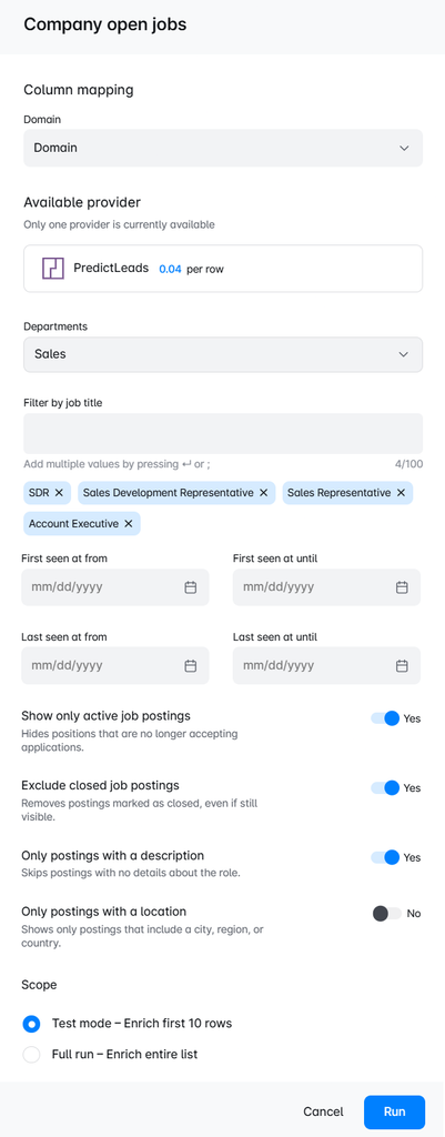 Skylead PredictLeads integration showing Company Open Jobs enrichment filters for department, job title, date ranges, active roles, descriptions, and locations.