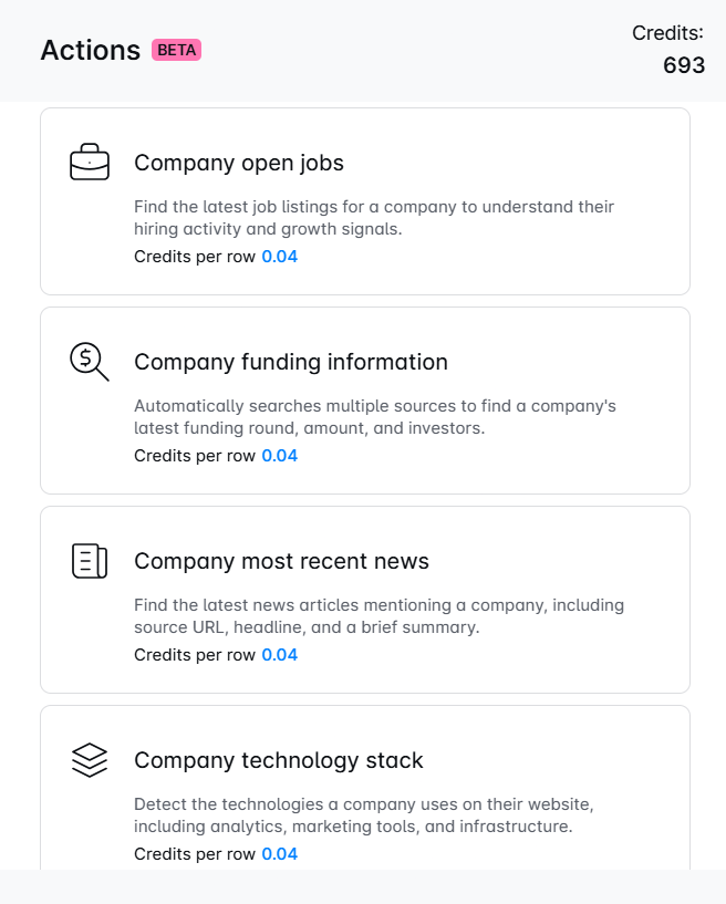 Skylead PredictLeads integration showing company open jobs, funding information, recent news, and technology stack enrichment actions.