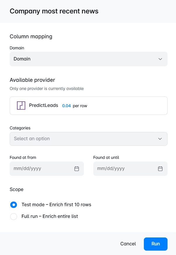 Skylead PredictLeads integration showing Company Most Recent News enrichment with category, date range, domain mapping, and test or full-run options.
