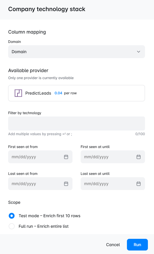Skylead PredictLeads integration showing Company Technology Stack enrichment with technology filters, detection date ranges, domain mapping, and test or full-run options.
