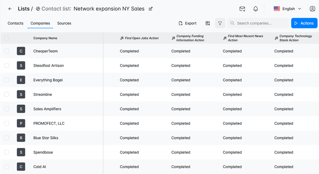 Skylead PredictLeads integration showing completed enrichment actions for open jobs, funding information, recent news, and technology stack across a company list.