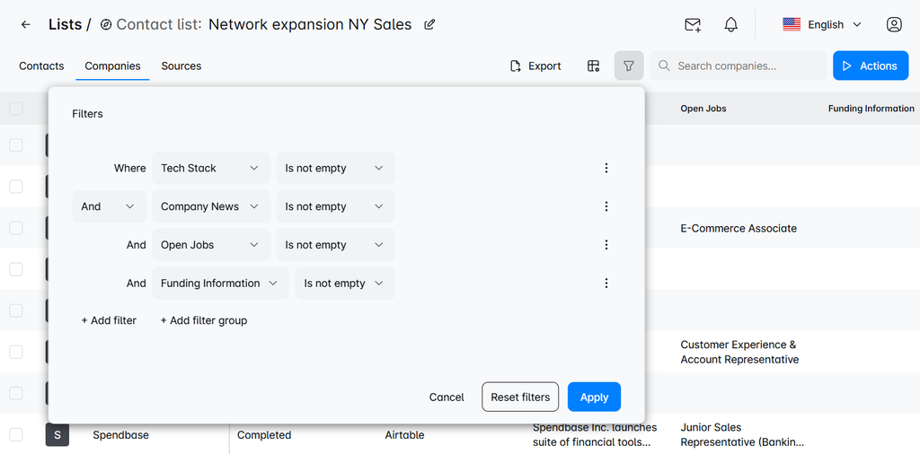 Skylead PredictLeads integration showing filters for technology stack, company news, open jobs, and funding information to narrow down enriched company lists.