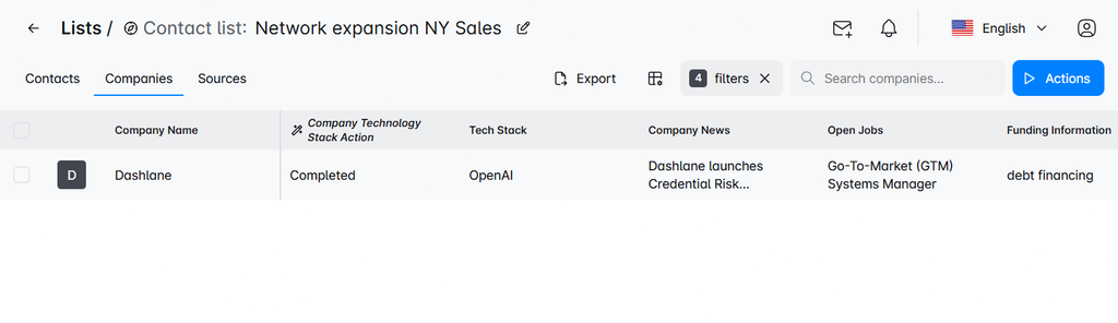 Skylead PredictLeads integration showing a filtered company list narrowed to one account using technology stack, news, open jobs, and funding signals.