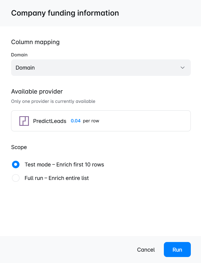 Skylead PredictLeads integration showing Company Funding Information enrichment with domain mapping and test or full-run options.