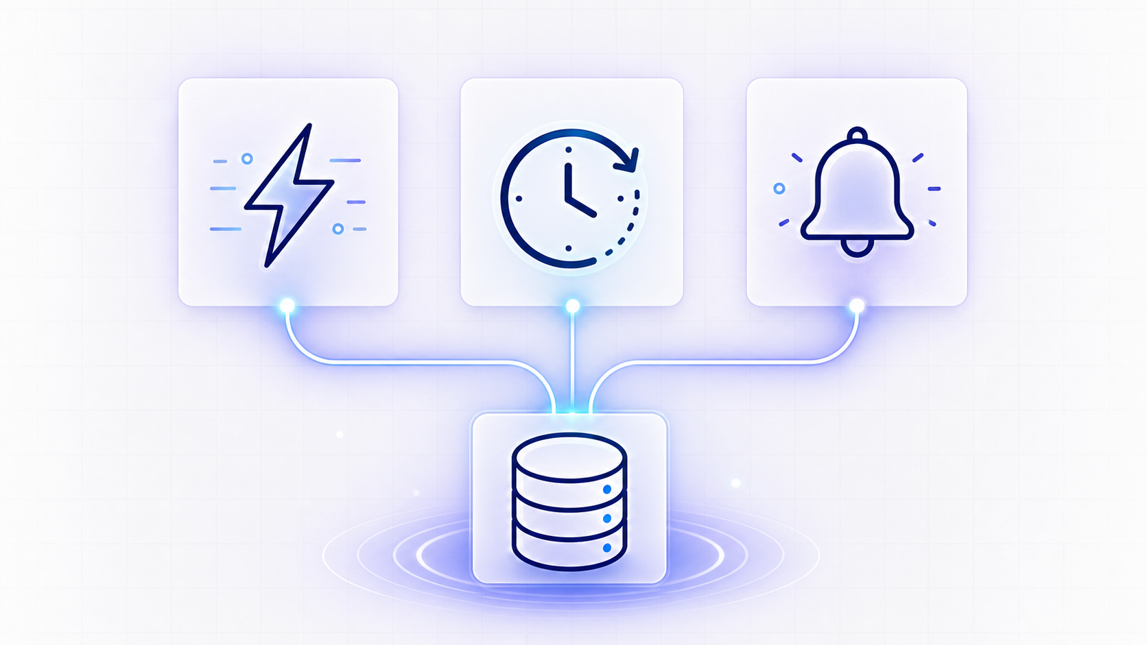 A modern technical illustration showing three parallel data delivery channels side by side: a lightning bolt representing instant real-time API calls, a clock with a circular arrow representing scheduled batch processing, and a push notification bell representing webhooks. Each channel flows into a central CRM database icon at the bottom. Dark blue and teal color palette, minimalist tech aesthetic, glowing connection lines, no text or labels anywhere.