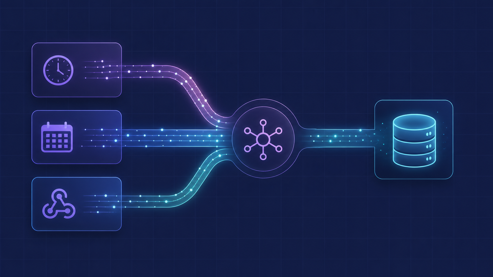 An abstract digital illustration representing data flowing from a central hub into a CRM system, depicted as three distinct glowing streams merging into a database icon, representing real-time, batch, and webhook data delivery pathways, in a clean modern tech style with a dark blue background and teal/blue accent colors. No text, no words, no letters, no labels.