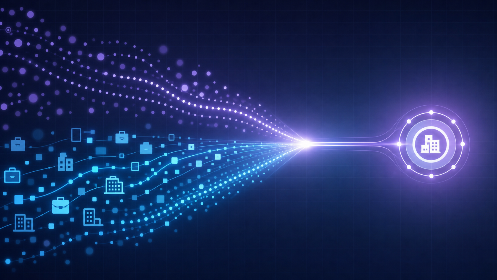 An abstract conceptual illustration showing two distinct streams of light and data merging together into one unified stream: one stream represents research activity signals (dotted, exploratory particles) and the other represents verified structured company signals (solid, defined geometric shapes like briefcase and building icons rendered abstractly). The two streams converge into a single bright focal point representing a prioritized account target. Modern tech style, blue and teal color palette, dark background, no text or letters anywhere in the image