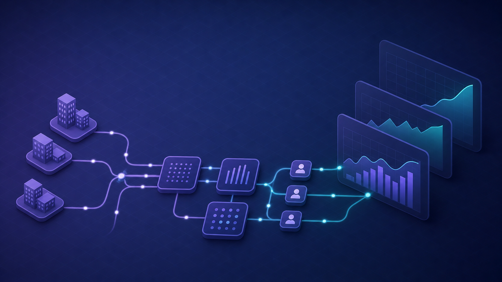 An abstract digital illustration representing structured data infrastructure tracking company hiring over time: a network of interconnected nodes and flowing data streams forming a timeline, with layered charts and growth curves rising in the background. Modern, tech-themed, dark blue and teal color palette with subtle grid lines. No text, words, letters, or numbers anywhere in the image.