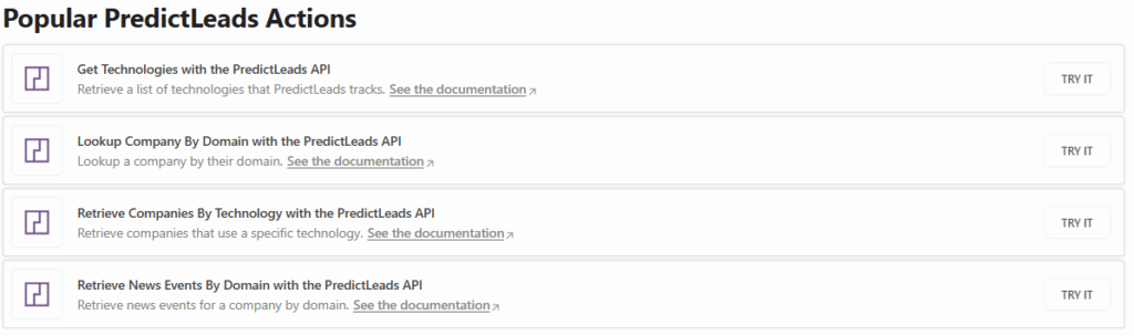 List of popular PredictLeads API actions with options to get technologies, look up companies by domain, retrieve companies by technology, and access news events by domain each with links to documentation and a 'Try It' button