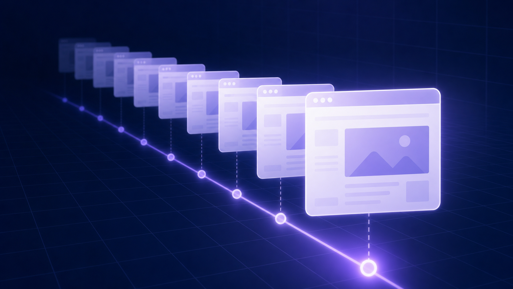 A digital archive concept illustration: a glowing timeline of layered web pages or browser windows receding into the distance, representing a calendar of historical snapshots of a webpage. Abstract, modern, tech-themed, with a dark blue and teal color palette, subtle grid lines suggesting a search index. No text, words, or letters anywhere in the image.
