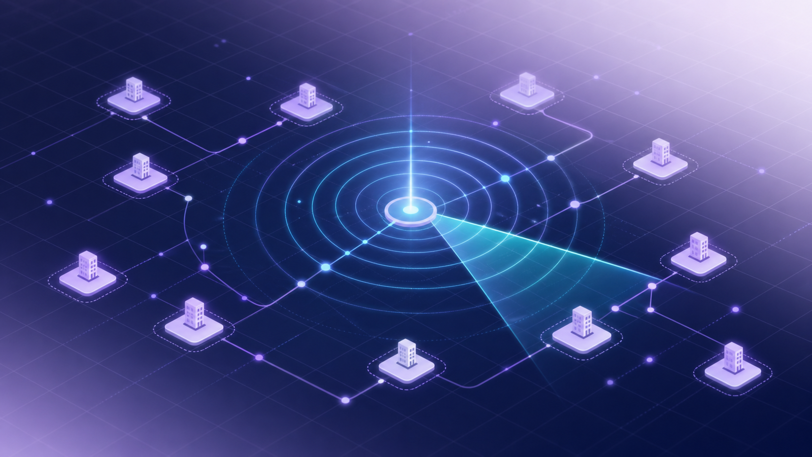 An abstract digital visualization of signal detection and data tracking: glowing network nodes and radar-like concentric waves scanning across a dark grid, representing software detection patterns across multiple data points. Clean modern tech aesthetic, blue and teal tones, no text, no words, no letters.