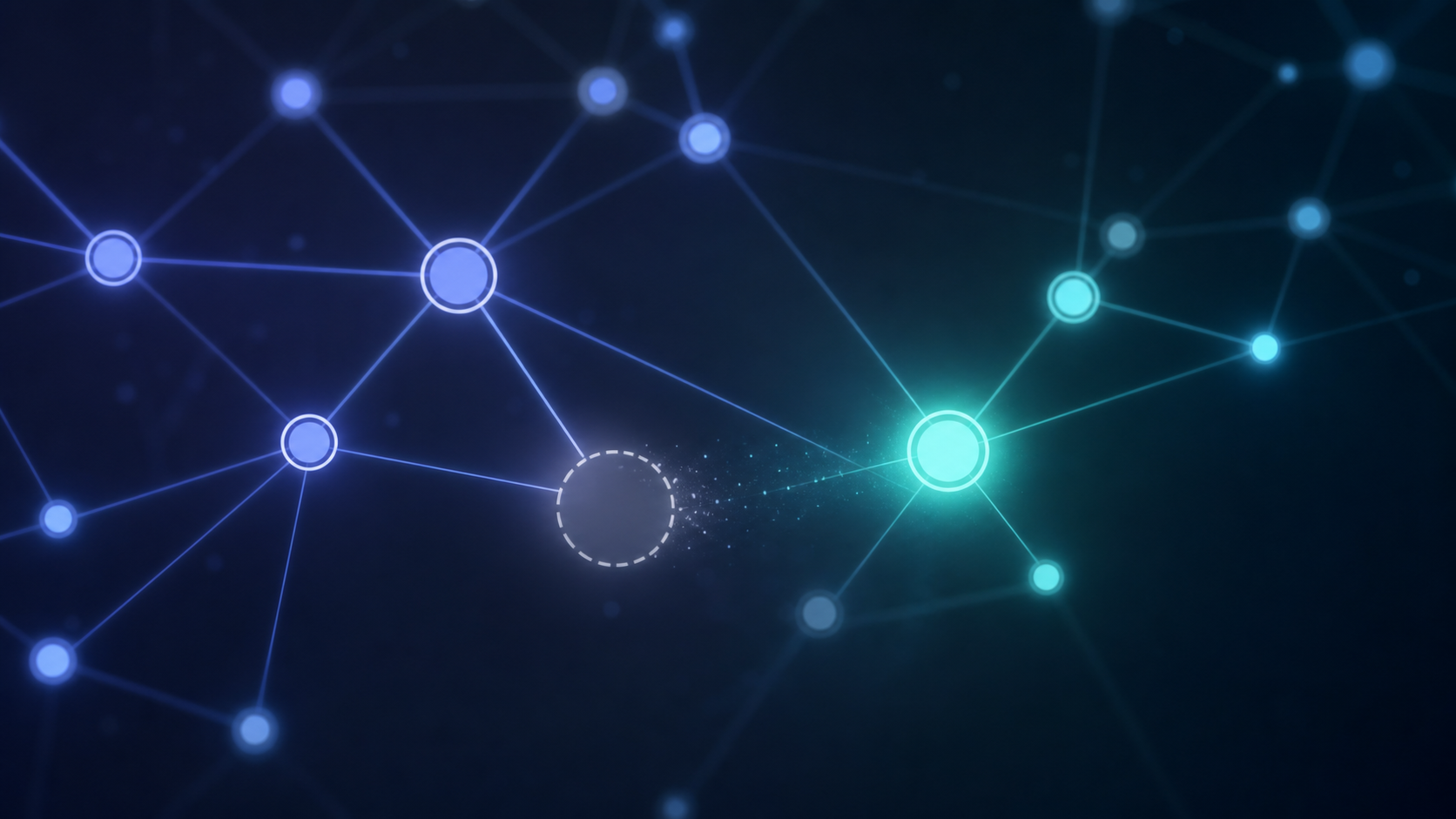 An abstract visualization of a technology stack losing one component while a new one appears: a cluster of glowing interconnected nodes on a dark background, one node fading out and dimming while another node lights up nearby, representing a shift or transition in a digital ecosystem. Clean modern tech aesthetic, blue and teal tones, no text, no words, no letters.