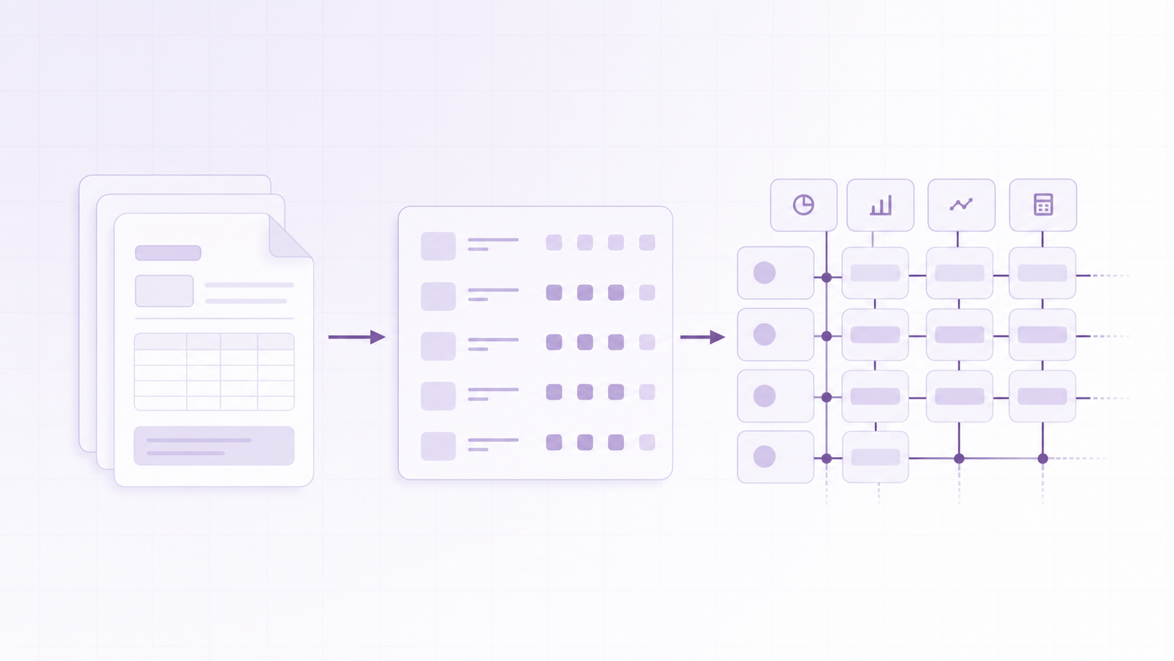 A conceptual illustration of structured financial data extraction: abstract document pages transforming into organized grids of small labeled data nodes and connected cells, like financial statements being converted into a structured spreadsheet of interconnected metrics. Abstract tech style, blue and gray tones, clean minimalist composition, no text or letters.