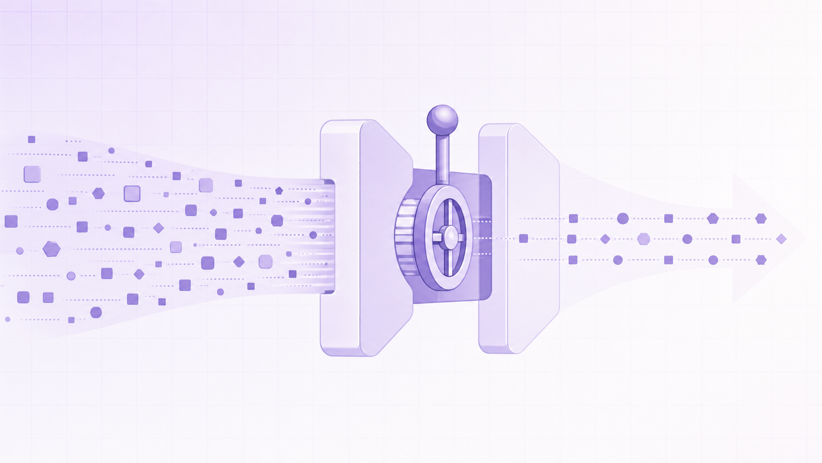A conceptual illustration of digital data traffic control: a steady stream of small geometric data packets flowing through a narrow gate or valve, with a metering/throttle mechanism regulating their pace. Abstract tech style, blue and gray tones, clean minimalist composition, no text or letters.