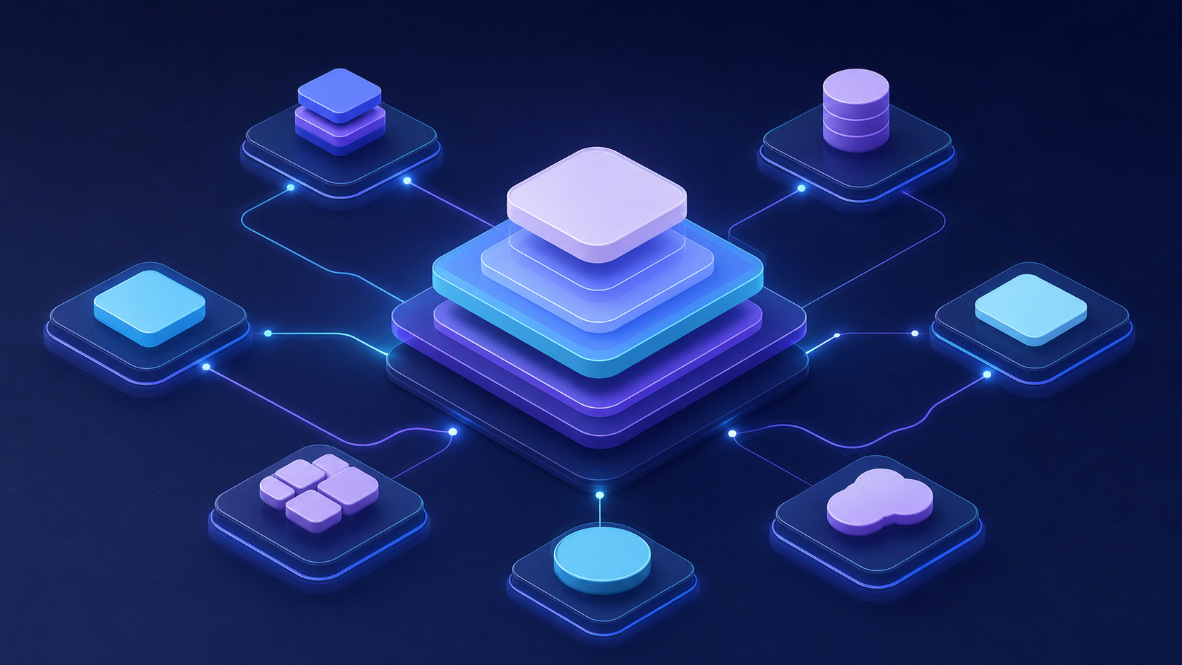 An abstract digital illustration of a company's technology stack represented as glowing layered modules and interconnected nodes, like a network diagram of software tools stacked and linked together with glowing connection lines, in a clean modern tech style with a dark blue background and blue/teal accent colors. No text, no words, no letters, no labels.